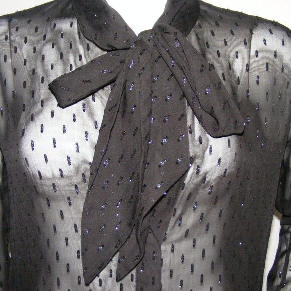THEORY Sheer Dress, 2, NEEDS SLIP, Black, Secretary Bow, Metallic Swiss Dots - Picture 7 of 12